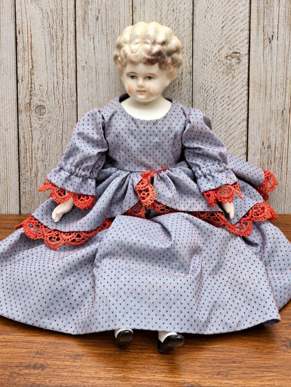 Vintage China Head Porcelain Doll Cloth Body Molded Hair Victorian Dress
